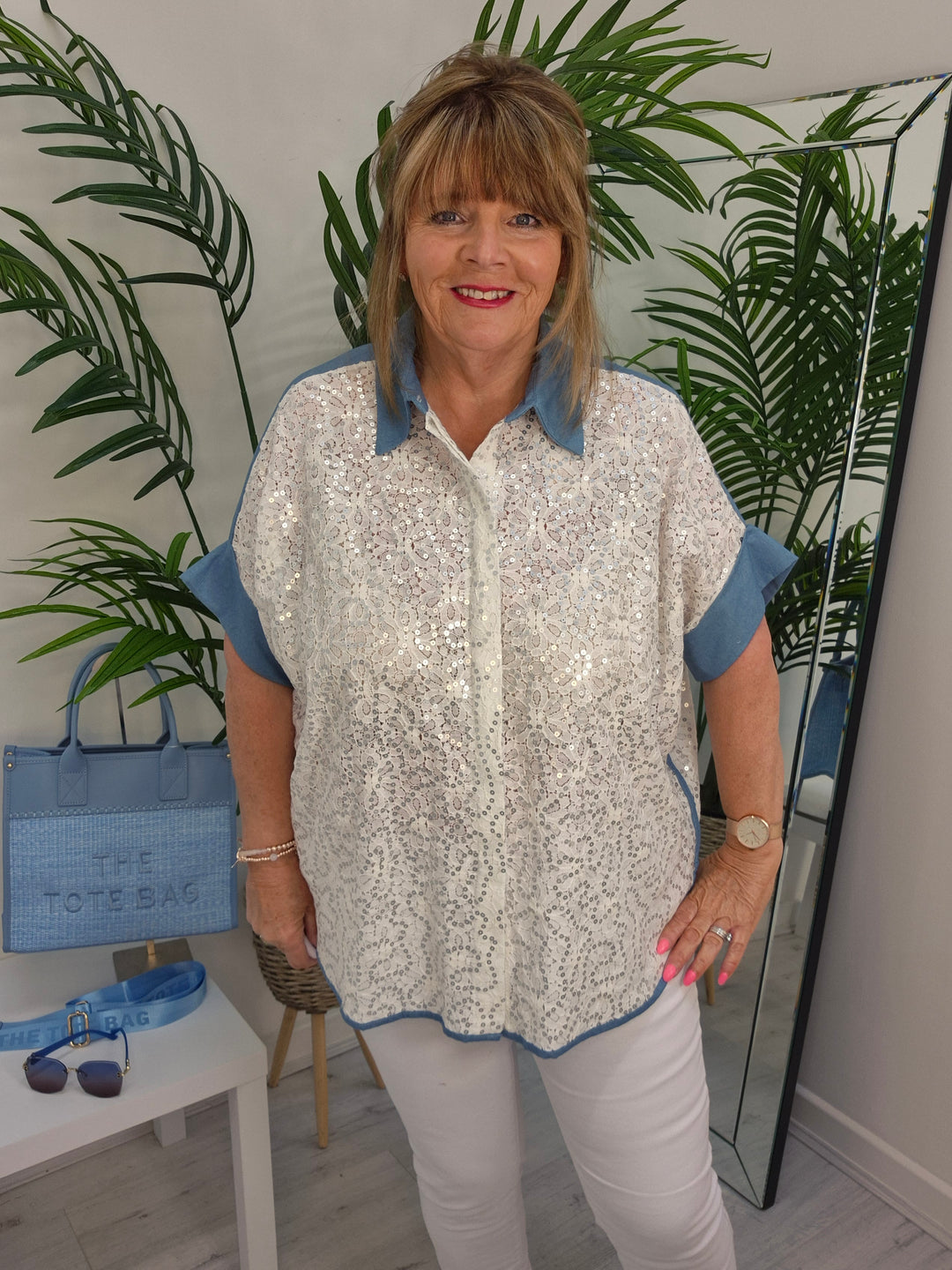 Zeta Otto Sequin Blouse - White/Blue Denim (Curvy)