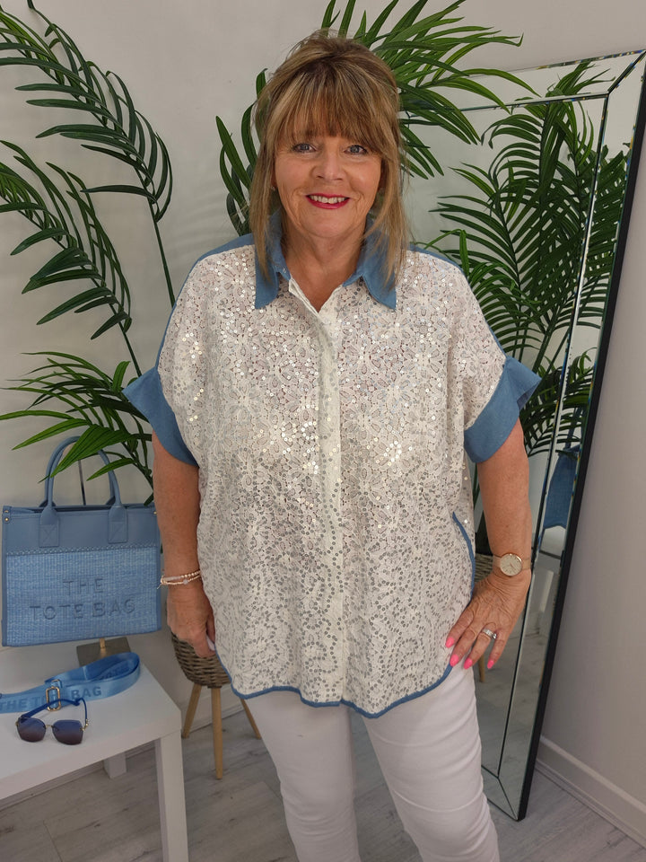 Zeta Otto Sequin Blouse - White/Blue Denim (Curvy)