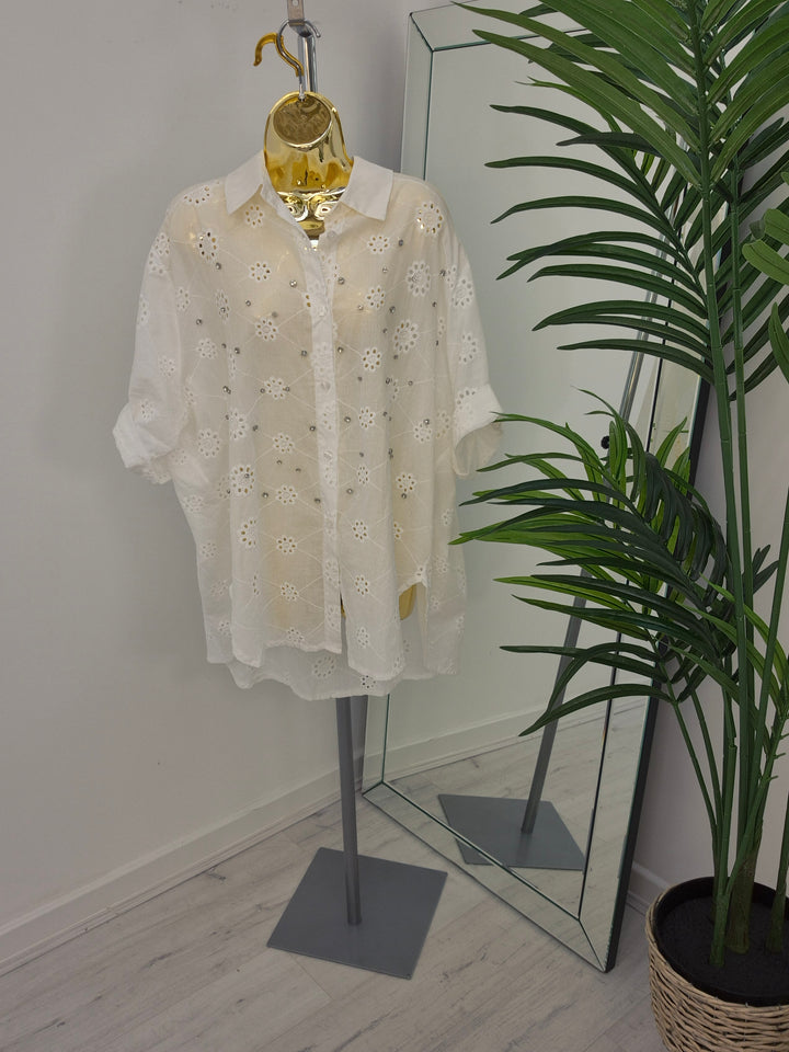 Zeta Otto Broderie Anglaise Blouse with Crystals - White (Oversized)