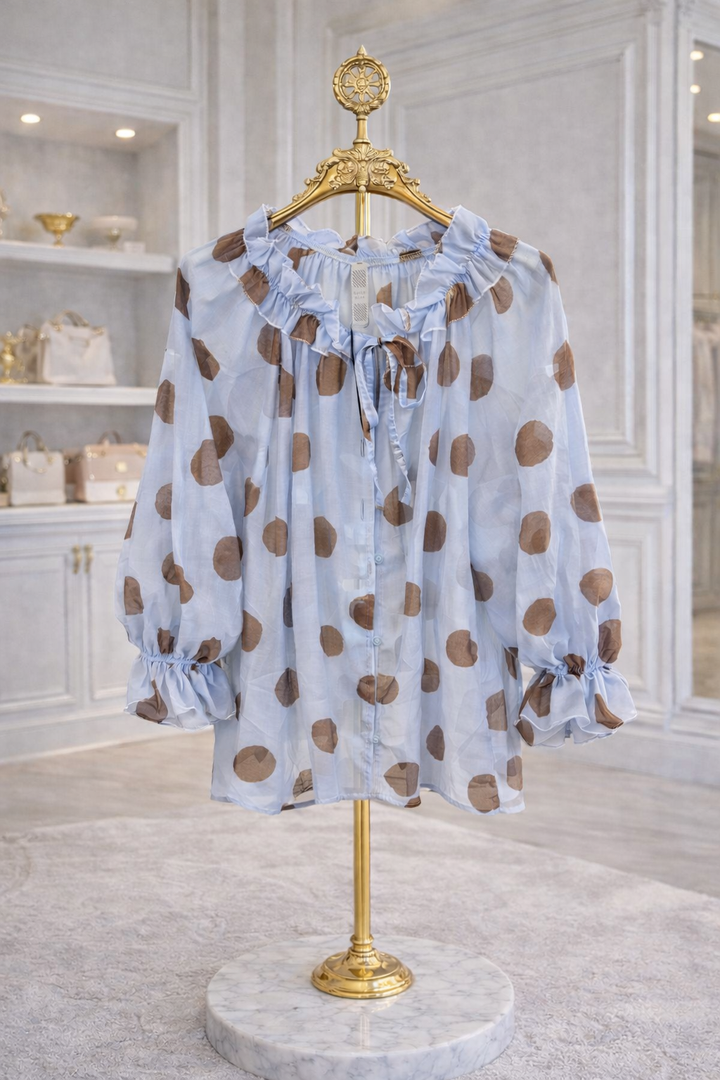 Dotty Chiffon Blouse (One Size, fits from Size 12 up to Size 18) - Blue/Chocolate