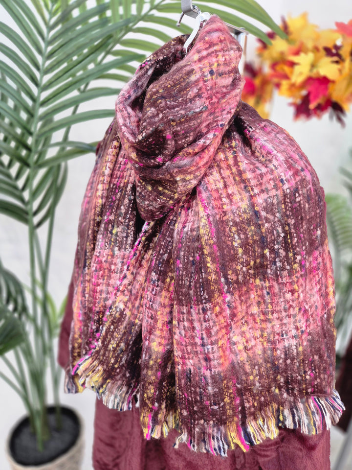 Cosy Brushed & Fluffy Scarf - Wine Multi