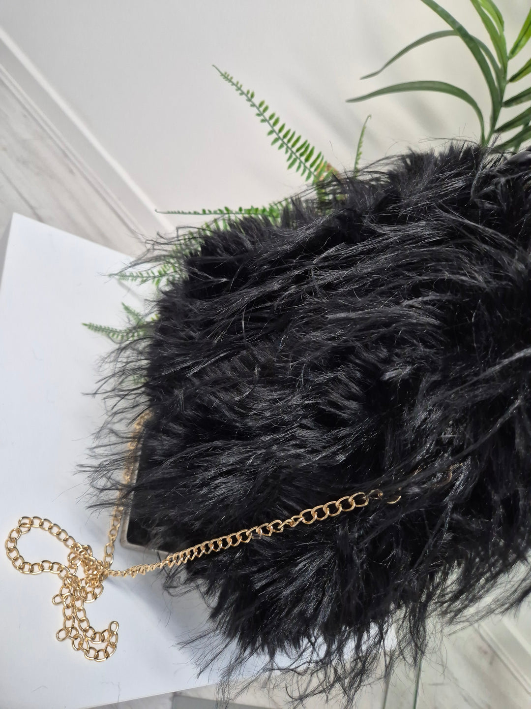 Oslo Faux Fur Shaggy Bag with Dual Handles & Chain Strap - Jet Black