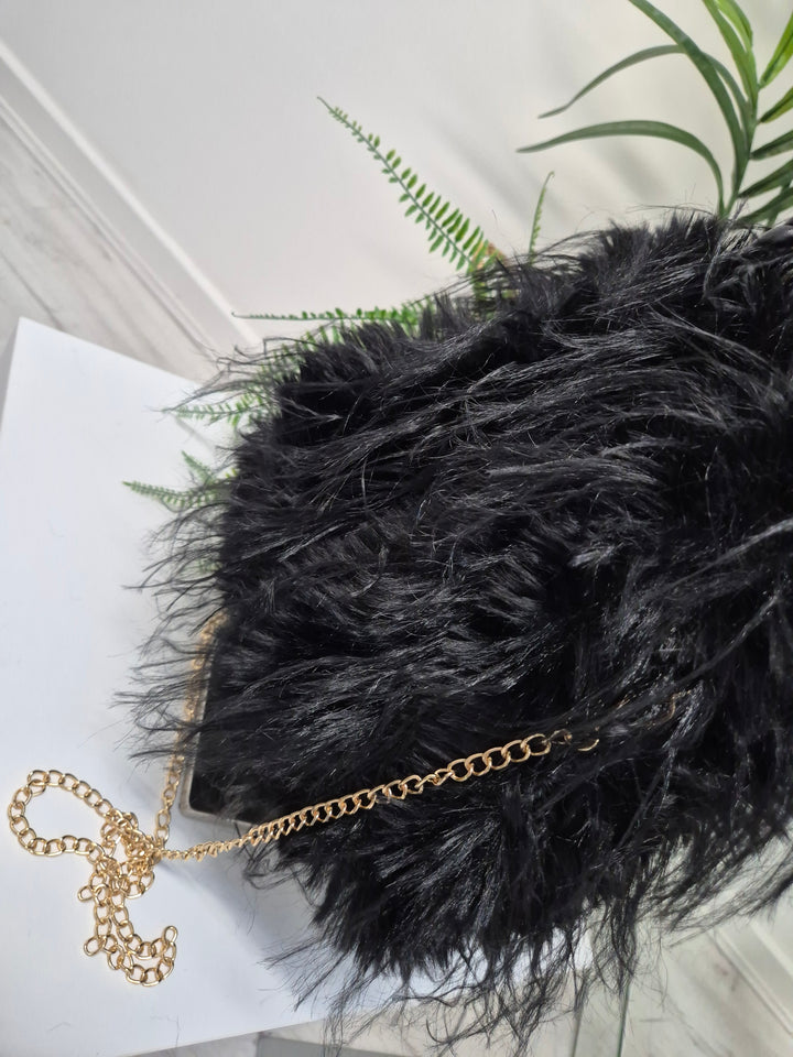 Oslo Faux Fur Shaggy Bag with Dual Handles & Chain Strap - Jet Black
