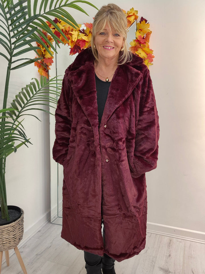 Oslo Faux Fur Longline Coat - Wine (choose your Size)