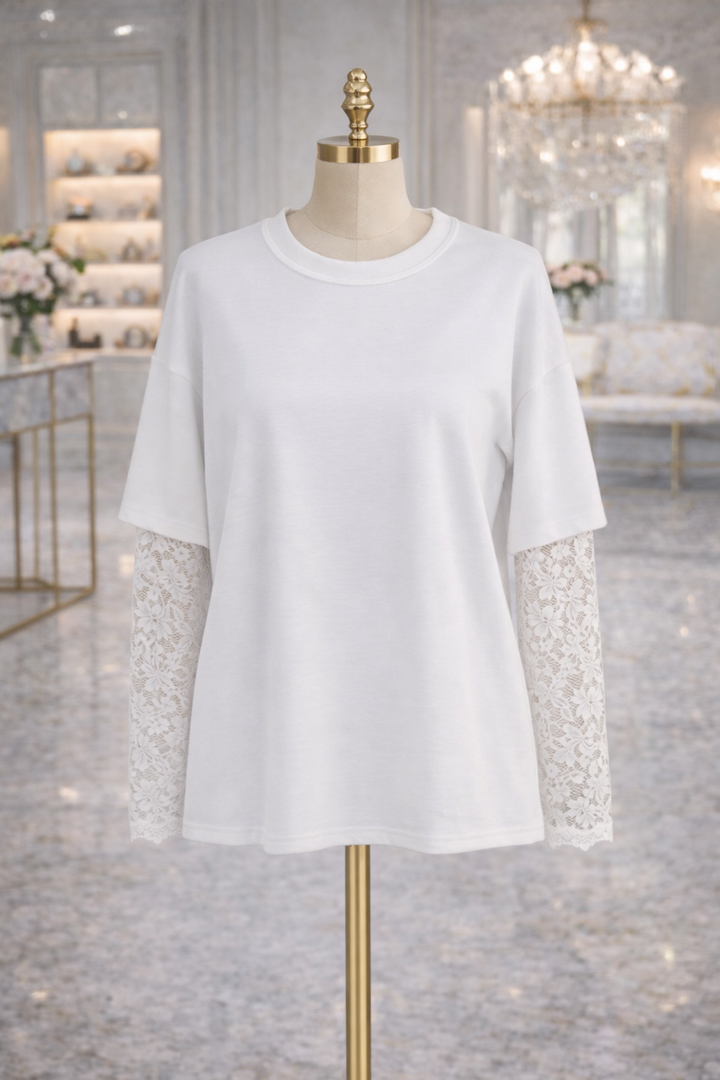Lace Sleeve Sweatshirt - White (One Size, fits up to Size 16)