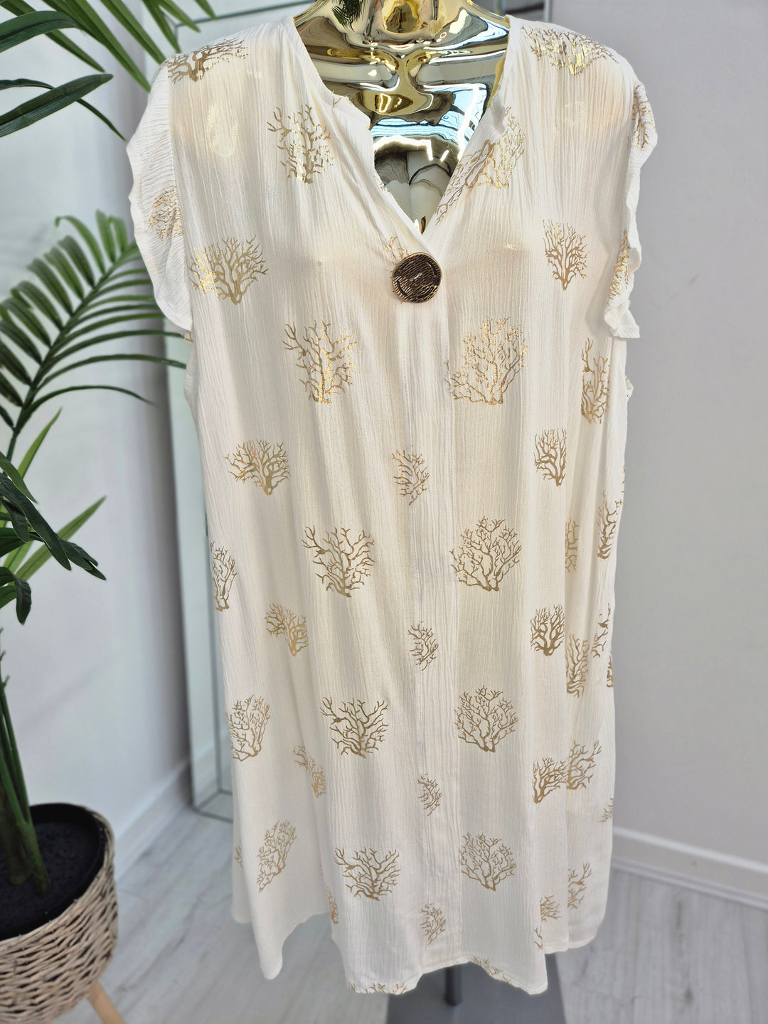Ibiza Tree of Life Frilled Sleeve Dress - White/Gold - (Loose Fit)