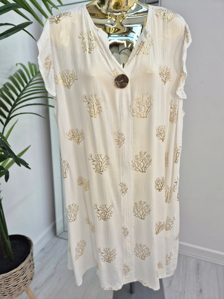 Ibiza Tree of Life Frilled Sleeve Dress - White/Gold - (Loose Fit)