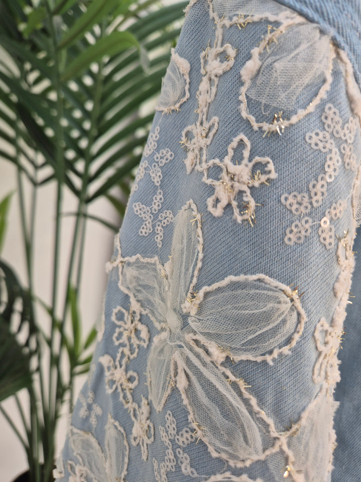 Darcy Denim Jacket - Applique Florals/Gold Metallic (One Size/Curvy, fitting from Size 14 up to 18)