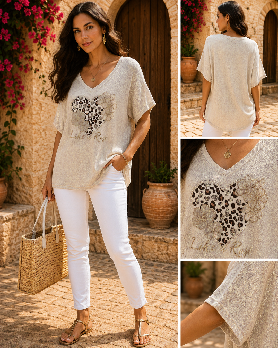 Leopard/Floral Sparkly Lurex Top - Cream (One Size/Curvy, fits from Size 10 up to Size 16