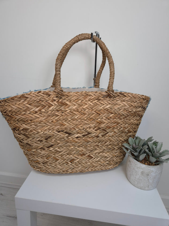 Stonewashed Denim Beach Bag with Pearls and Crystals