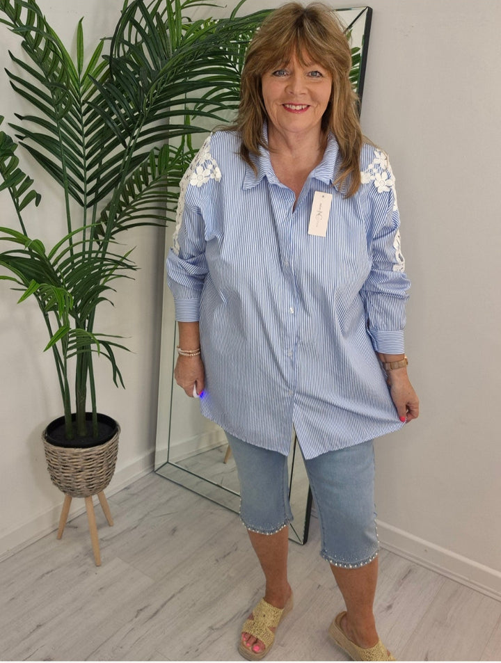 Daisy Lace Sleeve Pin Stripe Blouse - Blue/White - (Oversized)