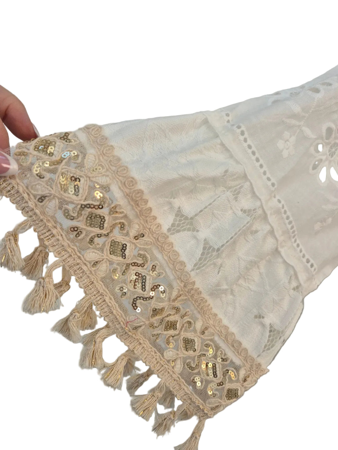 Marbella Bardot Beach Dress with Gold Sequins & Tassels (One Size/Curvy, fits from Size 14 up to Size 18) - White