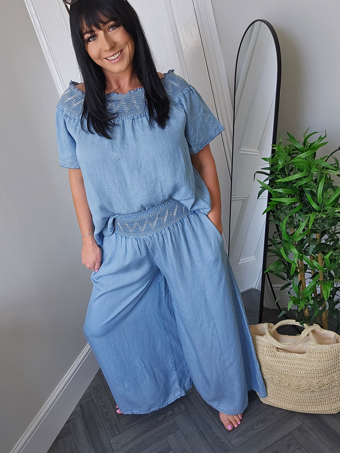 Dena Wide Leg & Bardot Top Co-ord - Chambray