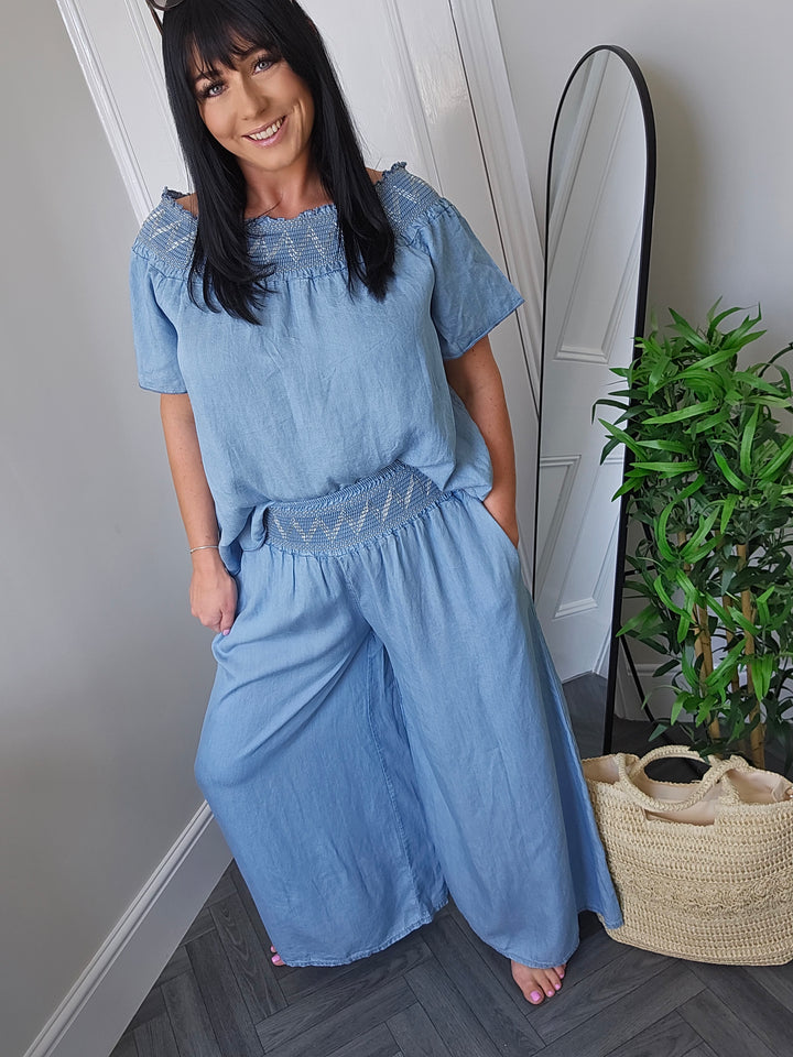 Dena Wide Leg & Bardot Top Co-ord - Chambray