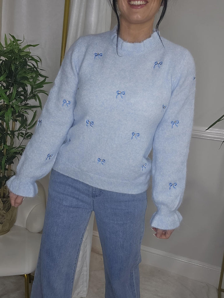 Bonnie Crystal Bow Jumper with Ruffles - (One Size from Size 8 up to Size 16) - Powder Blue