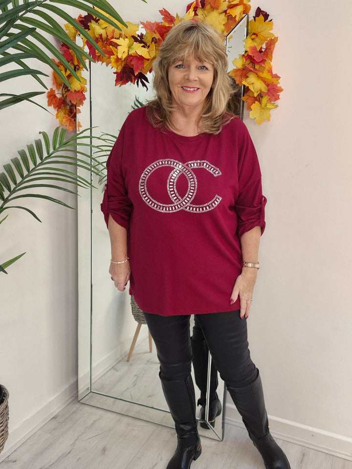Coco Crystal & Diamante Oversized Hi Low Tops - Wine (fits from Size 14 up to Size 18/20)