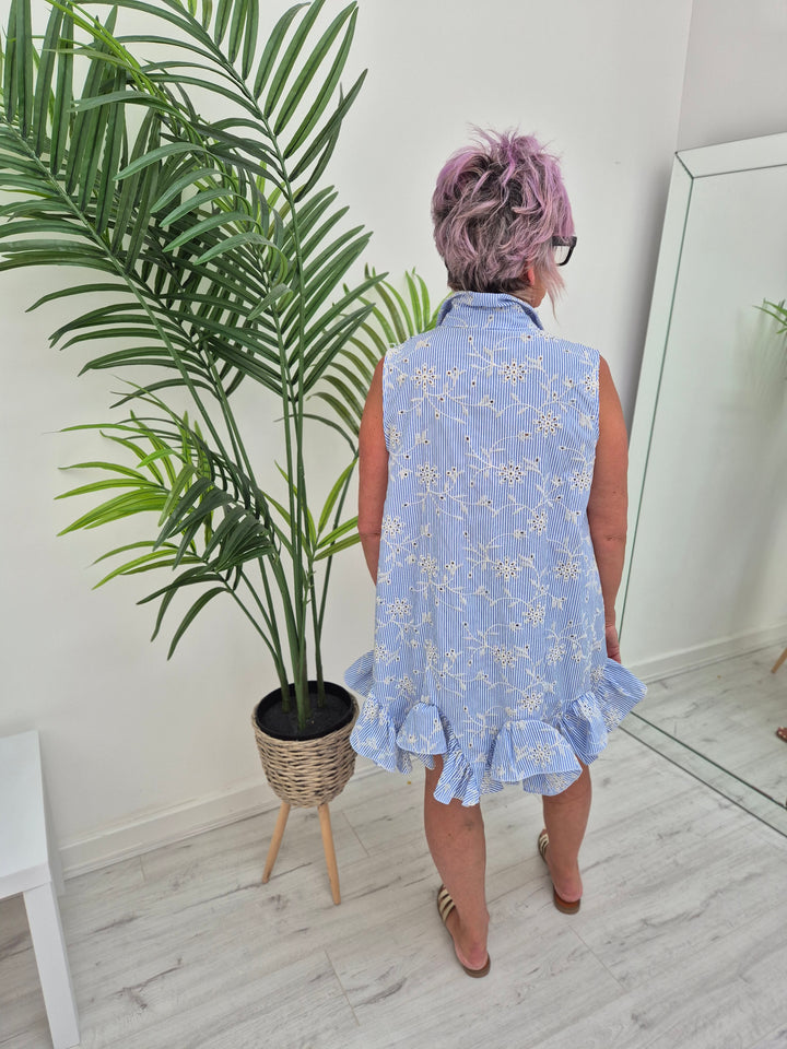 Seville Sleeveless Frilled Hem Dress - (One Size, fitting up to Size 16) - Pale Blue Broderie Anglaise