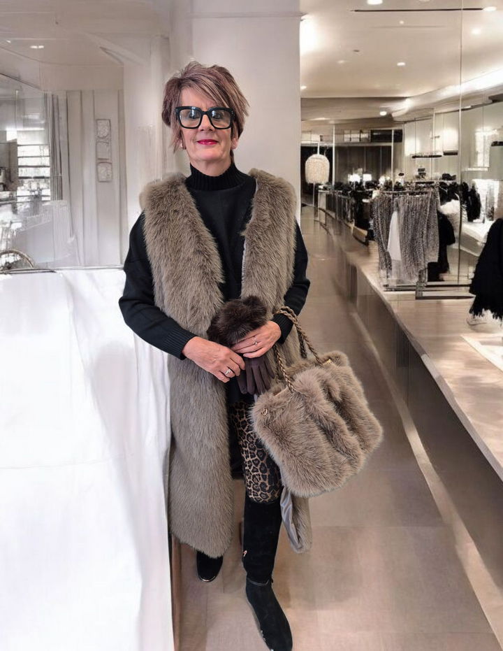 Oslo Faux Fur Bag with Dual Handles - Mocha (Large Size)