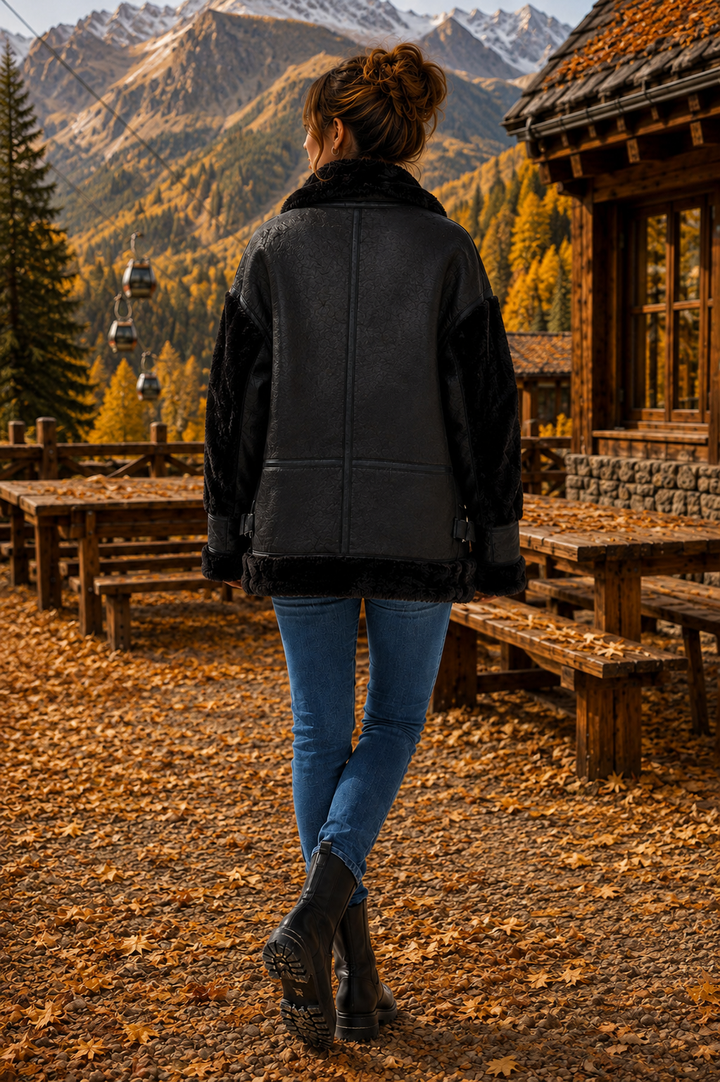 Oslo Aviator Jacket in Faux Fur/Faux Leather - Black (choose your Size)