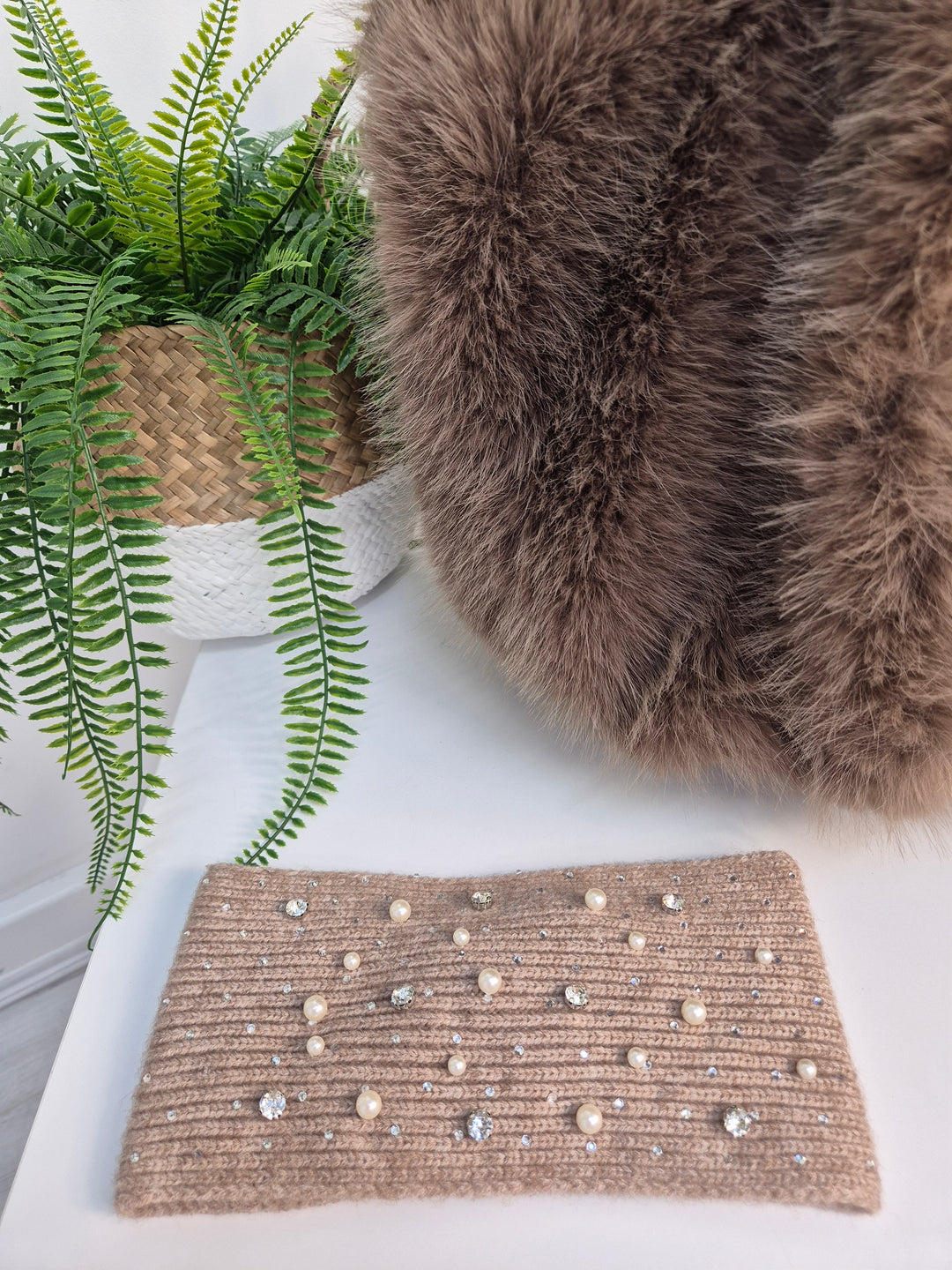 Sparkly Pearl & Crystal Headband - Mocha