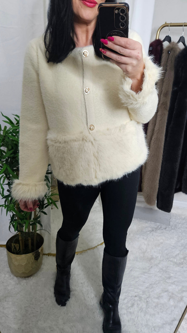 Oslo Faux Fur Cardigan/Jumper with Baroque Buttons  - Cream (One Size fits from Size 8/10 up to Size 14/16)
