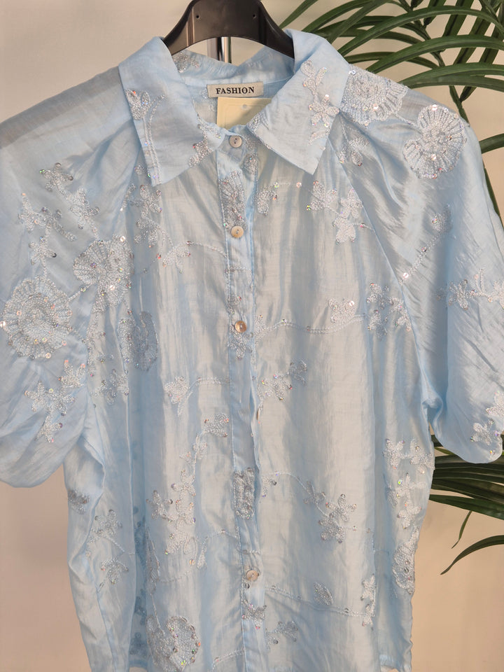 Patsy Puffball Sleeve Sparkly Blouse (One Size, fits from Size 10/12 up to Size 16) - Blue