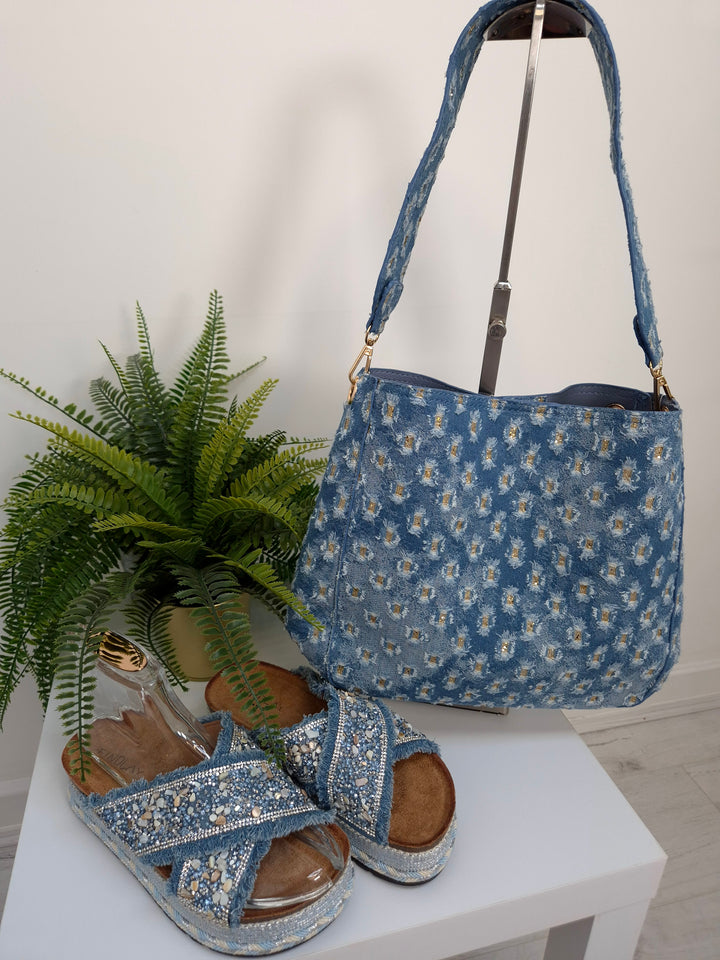 Darcie Denim Bag (Bag within a Bag) - Stonewashed/Gold Metallic