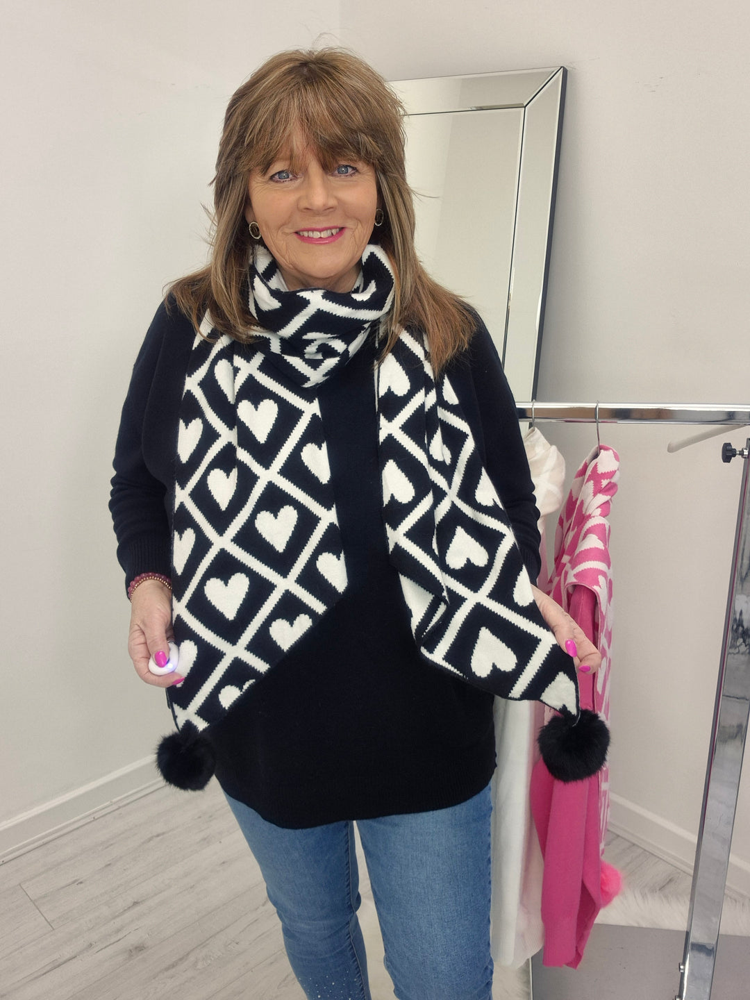 Love Jumper & Scarf with Pom Poms - Black (Curvy)
