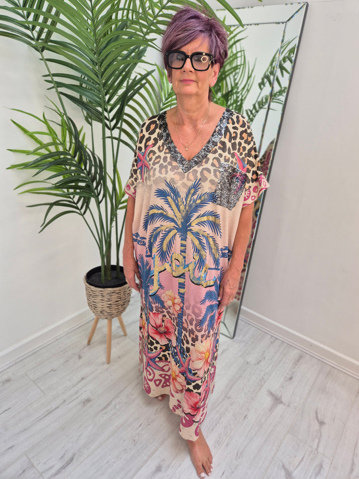 Carla Sequin Palm Maxi Dress - (Loose Fit - fits up to Size 18/20)