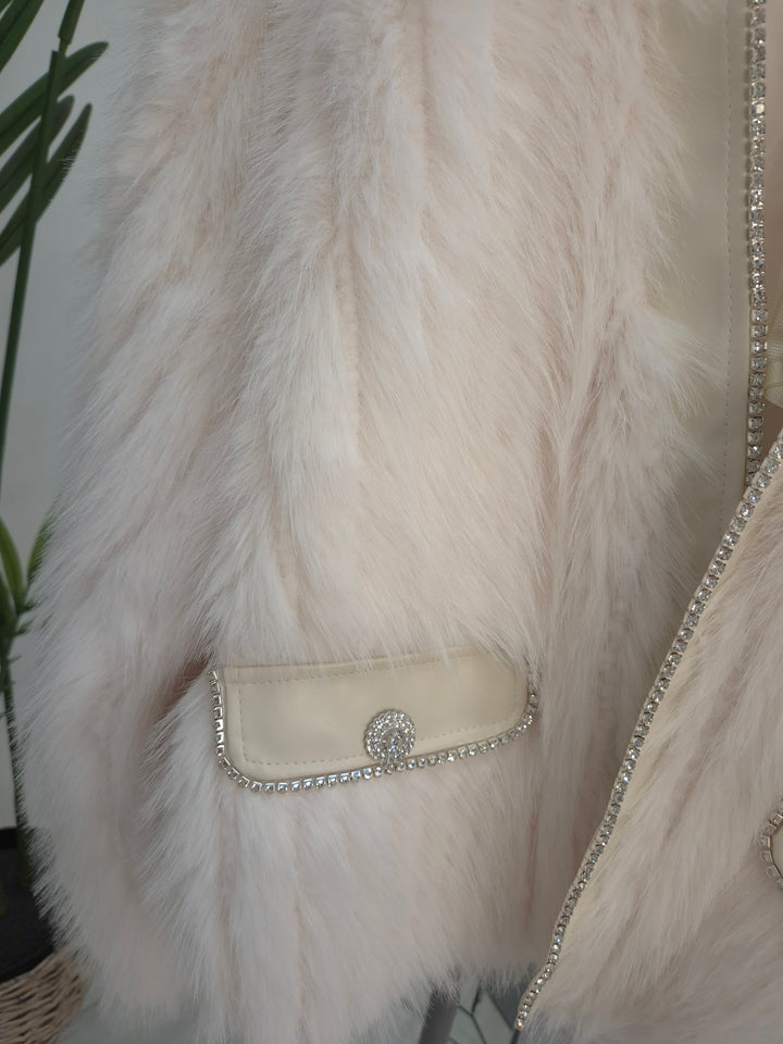Oslo Crystal Faux Fur Jacket - Winter White - (One Size fits from Size 10 to Size 16)
