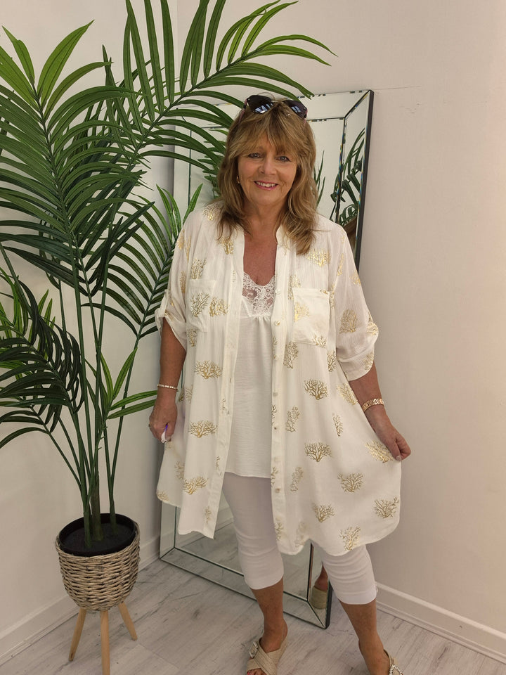 Ibiza Tree of Life Shirt Dress - White/Gold (Loose Fit)
