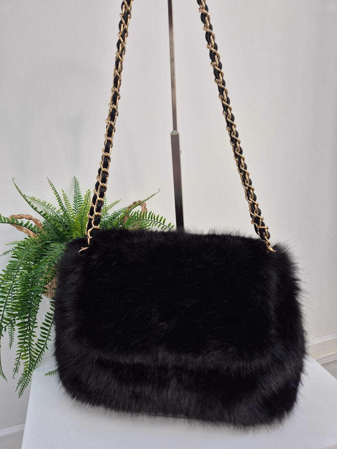 Oslo Faux Fur Bag with Gold Chain Link Dual Handles - Black