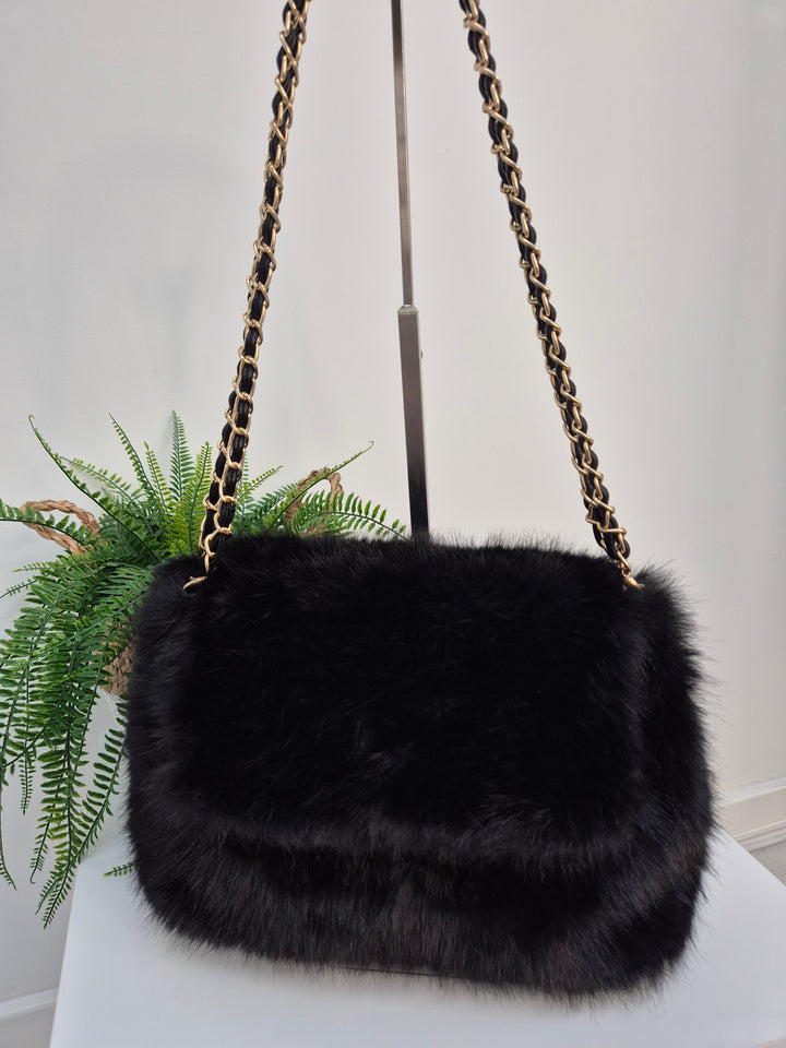 Oslo Faux Fur Bag with Gold Chain Link Dual Handles - Black