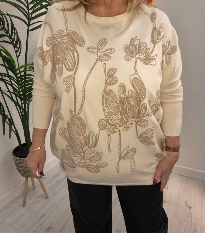 Eva Embroidered Sparkle Jumper - Cream (fitting from Size 14 up to Size 18/20)