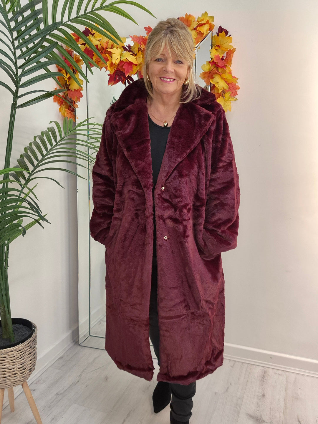 Oslo Faux Fur Longline Coat - Wine (choose your Size)