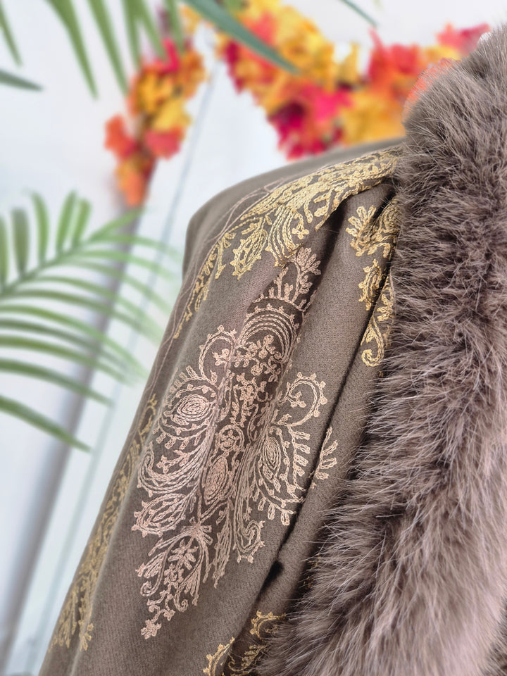 Oslo Faux Fur Shawl/Wrap - Chocolate/Gold (Oversized)