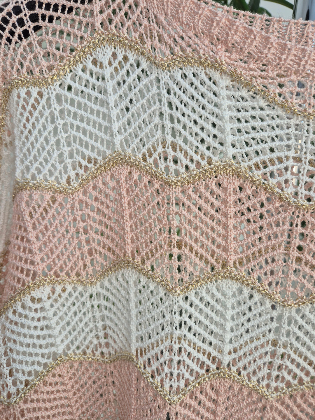 Verity Sparkly Zig Zag Crochet Top (Loose Fit/One Size - fits from Size 12/14 up to Size 16/18) - Pink/White/Gold