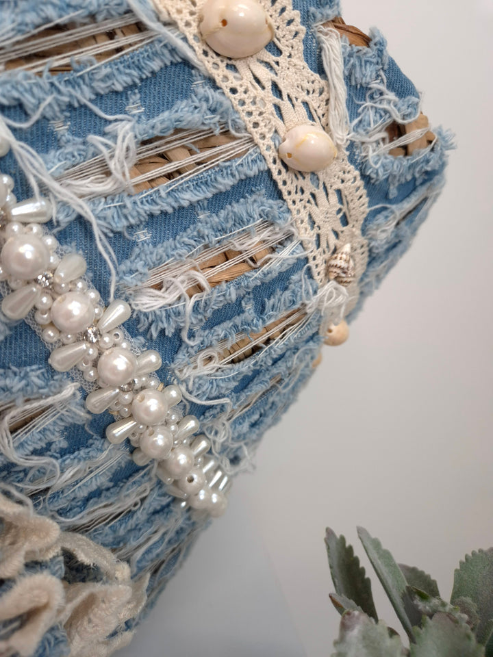 Stonewashed Denim Beach Bag with Pearls and Crystals
