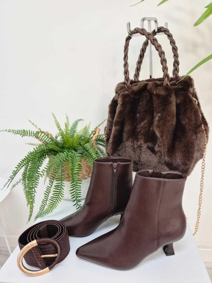 Mayfair Faux Leather Ankle Boots with Low Block Kitten Heel - Chocolate (choose your Size)