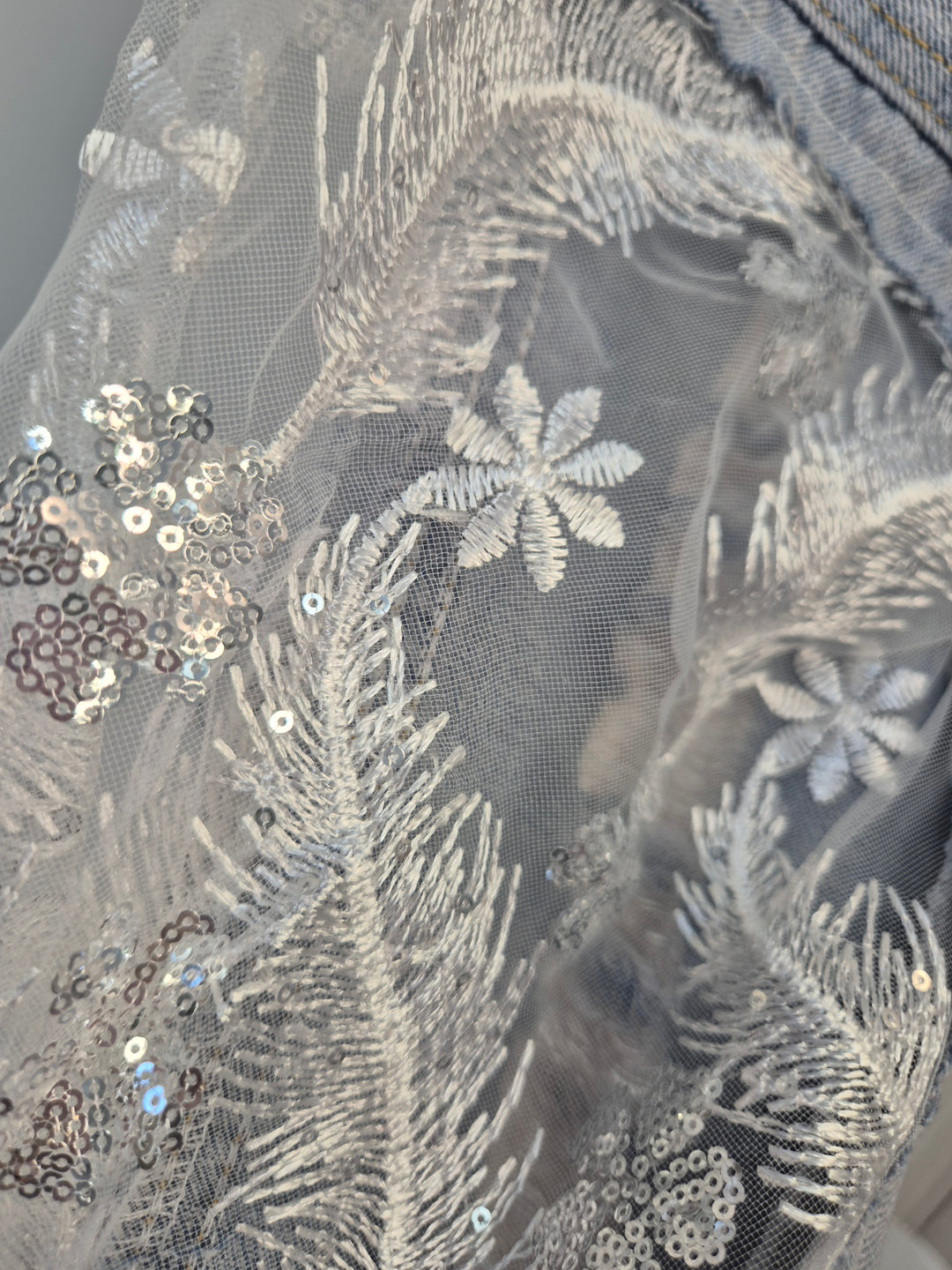 Angelina Denim Jacket with Sequins, Embroidered Feathers & Florals - (One Size - fitting Size 10 to Size 16)