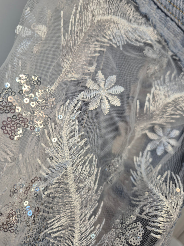 Angelina Denim Jacket with Sequins, Embroidered Feathers & Florals - (One Size - fitting Size 10 to Size 16)