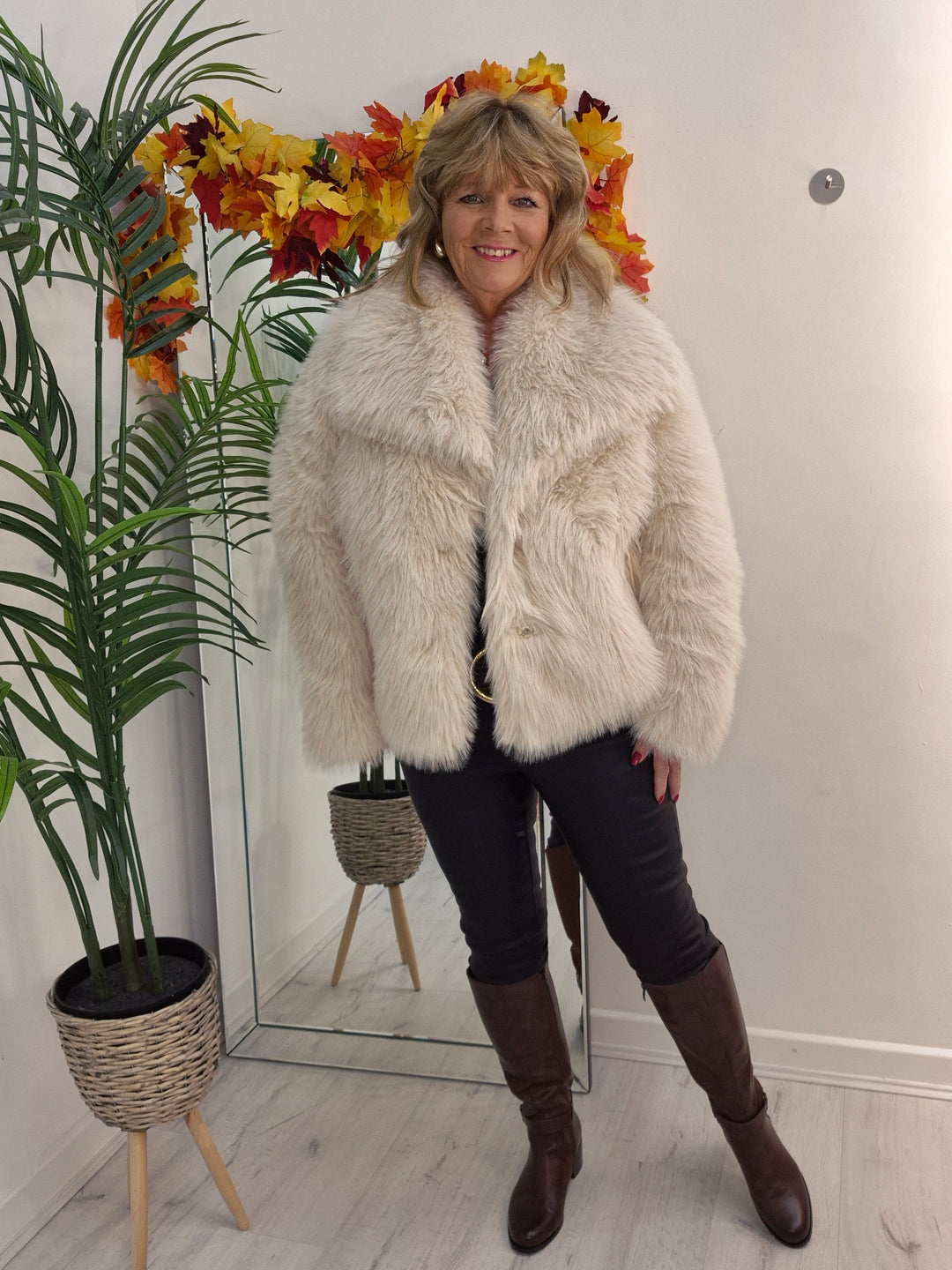 Oslo Faux Fur Shawl Collar Jacket - Creamy Stone (One Size/Curvy - fitting from Size 14 up to Size 18)