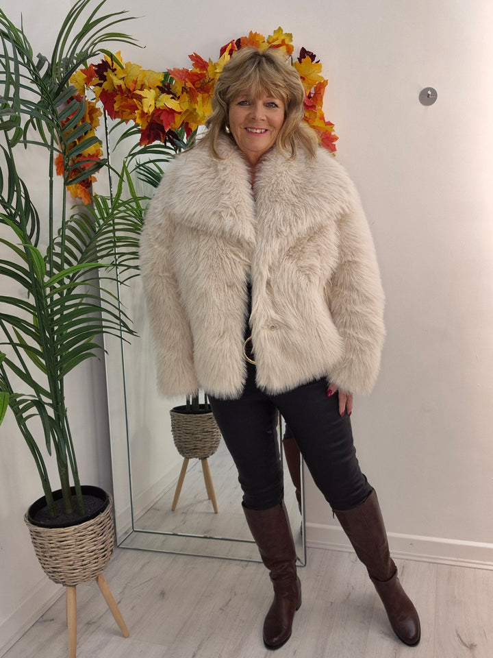 Oslo Faux Fur Shawl Collar Jacket - Creamy Stone (One Size/Curvy - fitting from Size 14 up to Size 18)