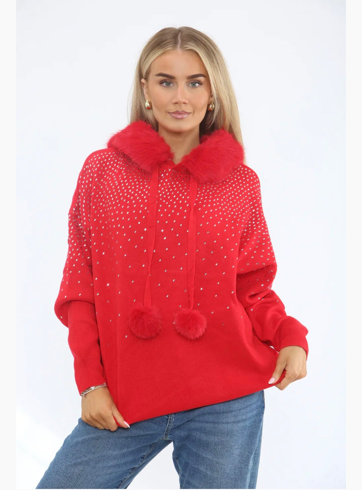 Oslo Faux Fur Sparkly Hoodie - Red (One Size fits from Size 10/12 up to Size 18)