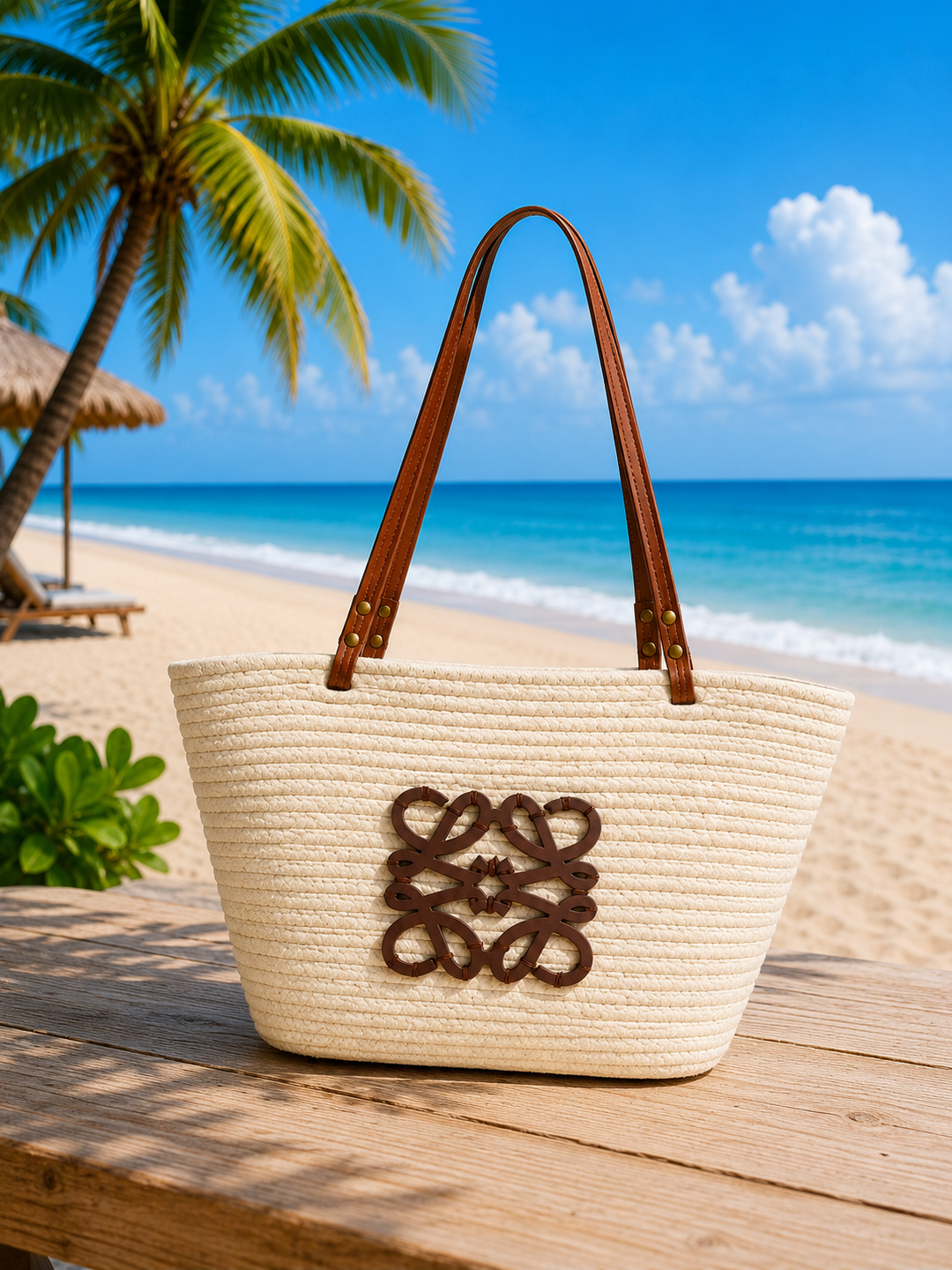 Summer Bag Natural/Tan with Dual Faux Leather Handles
