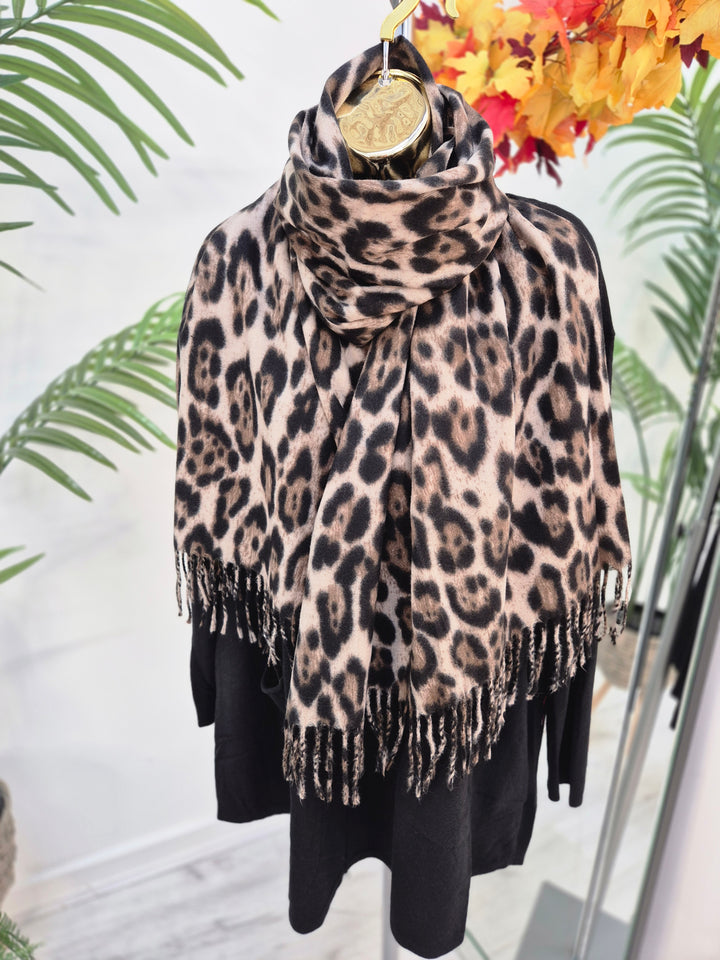 Chocolate Leopard Soft Touch Oversized Fringed Scarf