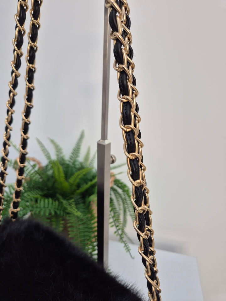 Oslo Faux Fur Bag with Gold Chain Link Dual Handles - Black