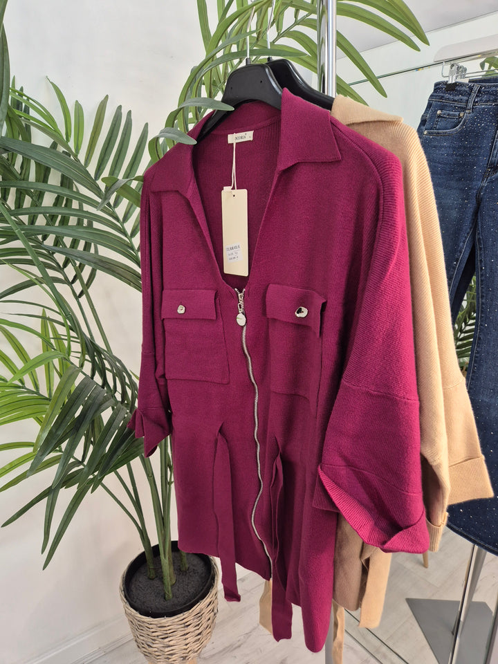 Danni Drawstring Cardigan - Wine - (One Size/Curvy - fits up to Size 18/20)