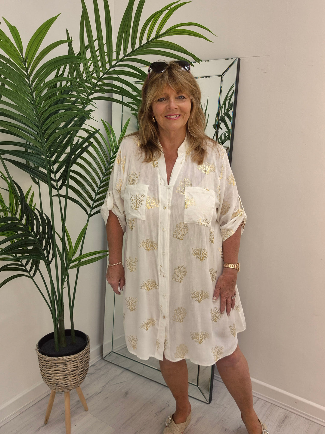 Ibiza Tree of Life Shirt Dress - White/Gold (Loose Fit)