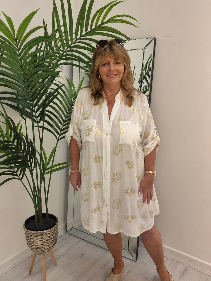 Ibiza Tree of Life Shirt Dress - White/Gold (Loose Fit)